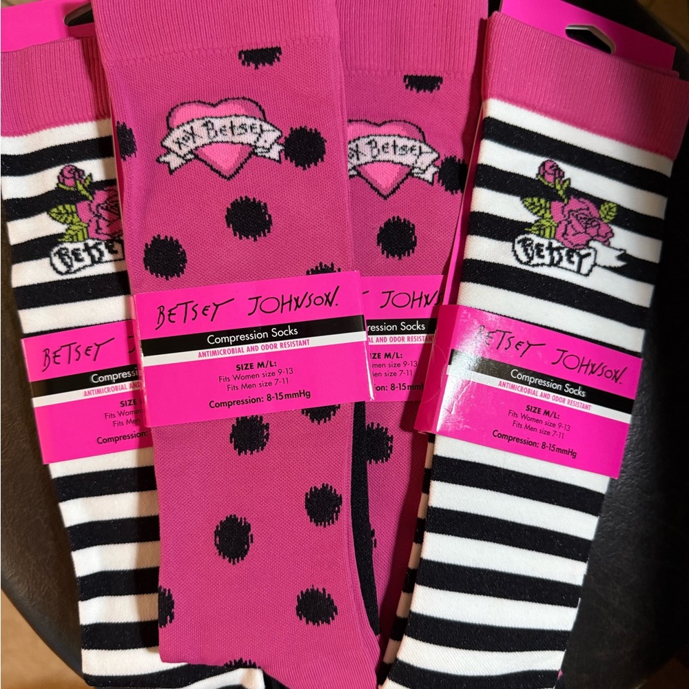 Betsey Johnson Pink and Black Polka Dot and Striped Socks
